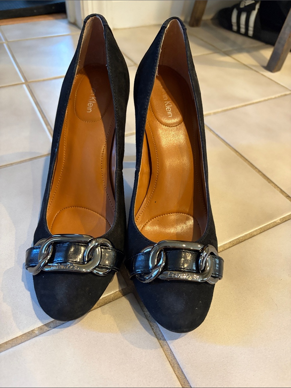 Calvin Klein Black Suede Pumps with Silver Chain Accent